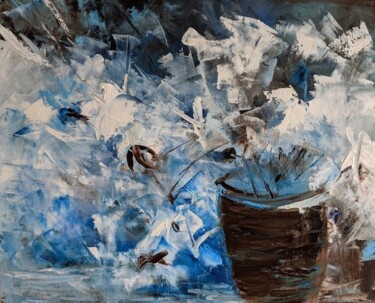 Painting titled "Blue floral abstrac…" by Nicole Caron, Original Artwork, Oil