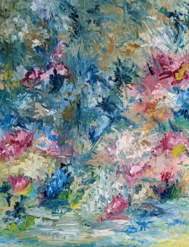 Картина под названием "L'étang bleu" - Nicole Caron, Подлинное произведение искусства, Масло