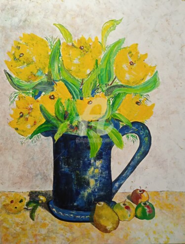 Schilderij getiteld "Bouquet jaune" door Nicole Carretier, Origineel Kunstwerk, Acryl
