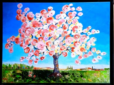 Painting titled "L'arbre rose" by Nicole Carretier, Original Artwork, Acrylic Mounted on Wood Stretcher frame