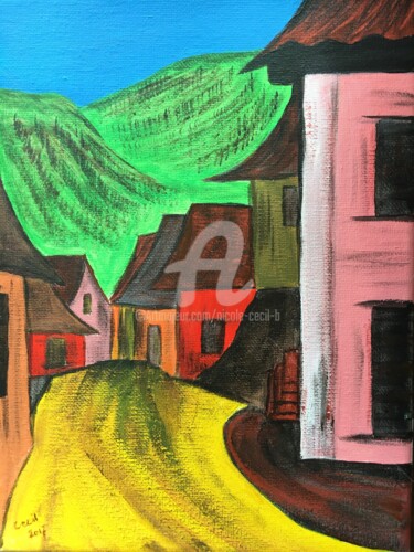 Painting titled "Wine Village" by Nicole Cecil B, Original Artwork, Acrylic