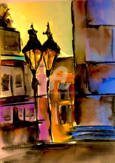 Painting titled "City Lights" by Nicole Cecil B, Original Artwork, Watercolor