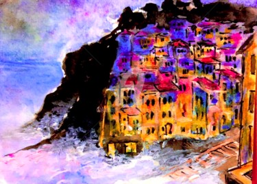 Painting titled "Stormy Cinque Terre" by Nicole Cecil B, Original Artwork, Watercolor
