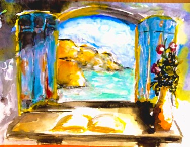 Painting titled "Window to the Sea" by Nicole Cecil B, Original Artwork, Watercolor