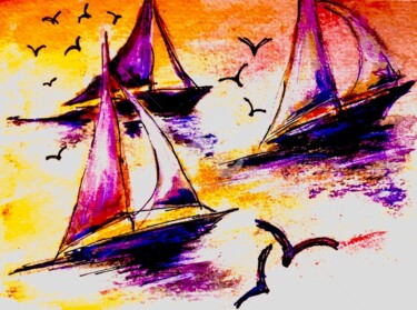 Painting titled "Boats in the Light" by Nicole Cecil B, Original Artwork, Watercolor