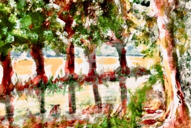 Painting titled "Walk by the River" by Nicole Cecil B, Original Artwork, Watercolor