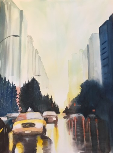 Painting titled "taxi jaune sous la…" by Nicole Chapelon, Original Artwork, Watercolor