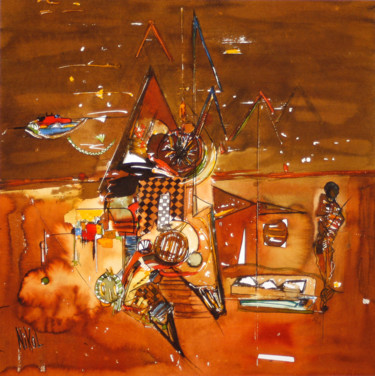 Peinture intitulée "CREPUSCULE AFRICAIN" par Nikol, Œuvre d'art originale, Encre
