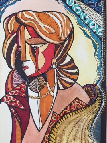 Картина под названием "Aquarelle cubiste" - Nila, Подлинное произведение искусства, Акварель Установлен на Деревянная панель