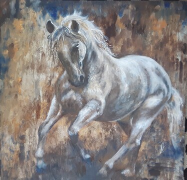 Painting titled "Etalon au galop" by Nicole Lavigne, Original Artwork, Oil