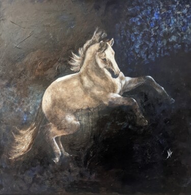 Painting titled "CHEVAL BLANC DANS L…" by Nicole Lavigne, Original Artwork, Oil