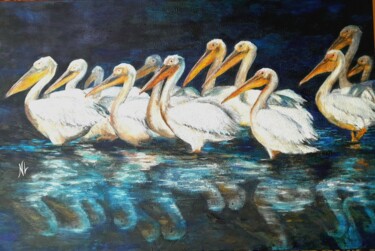 Painting titled "PELICANS" by Nicole Lavigne, Original Artwork, Oil