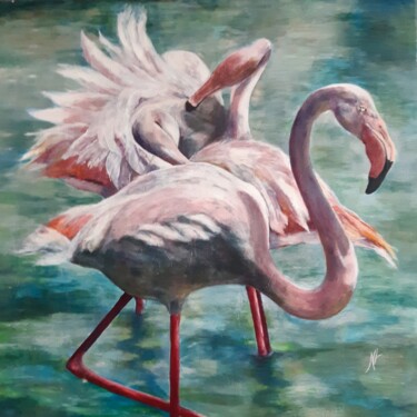 Painting titled "FLAMANTS ROSES 1" by Nicole Lavigne, Original Artwork, Oil