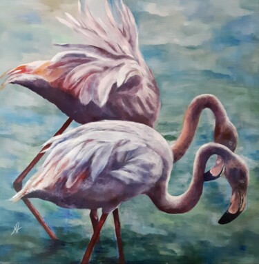 Painting titled "FLAMANTS ROSES 2" by Nicole Lavigne, Original Artwork, Oil