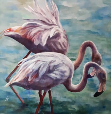 Pintura intitulada "FLAMANTS ROSES 2" por Nicole Lavigne, Obras de arte originais, Óleo