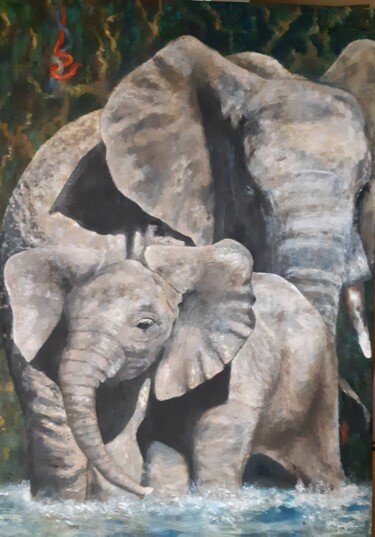 Painting titled "ELEPHANTS" by Nicole Lavigne, Original Artwork, Oil