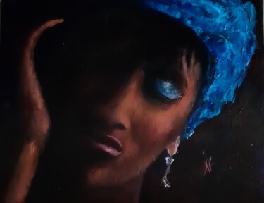 Painting titled "FEMME AU TURBAN BLEU" by Nicole Lavigne, Original Artwork, Oil