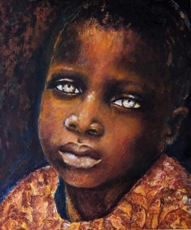 Painting titled "BEBE AUX YEUX BLEUS" by Nicole Lavigne, Original Artwork, Oil