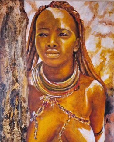 Painting titled "JEUNE FEMME HIMBA" by Nicole Lavigne, Original Artwork, Oil