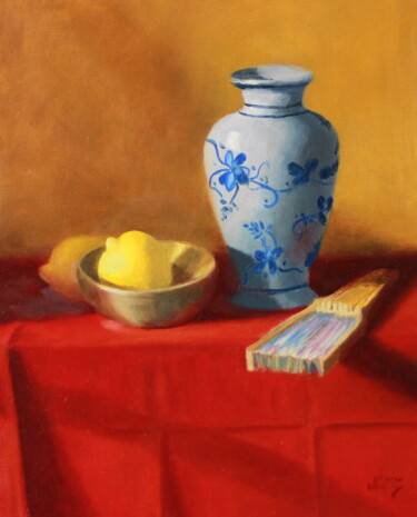 Pintura intitulada "Vase chinois citron…" por Nicole Le Gall, Obras de arte originais, Óleo