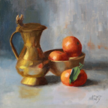 Pintura intitulada "Brass ewer and Clem…" por Nicole Le Gall, Obras de arte originais, Óleo Montado em Painel de madeira