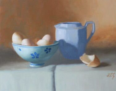 Painting titled "Eggs and Porcelain" by Nicole Le Gall, Original Artwork, Oil Mounted on Wood Panel
