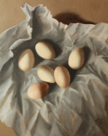 Painting titled "Eggs Party" by Nicole Le Gall, Original Artwork, Oil Mounted on Wood Panel
