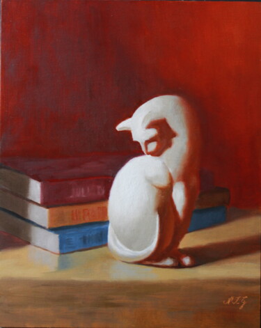 Painting titled "White Cat on Red Ba…" by Nicole Le Gall, Original Artwork, Oil Mounted on Wood Panel