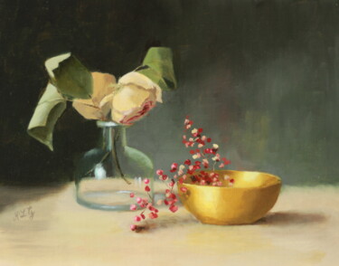 Painting titled "Dried Roses and Pin…" by Nicole Le Gall, Original Artwork, Oil Mounted on Wood Panel