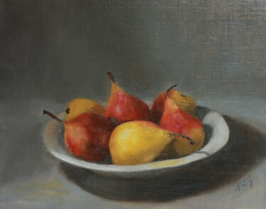 Painting titled "Pears in White Plate" by Nicole Le Gall, Original Artwork, Oil Mounted on Wood Panel