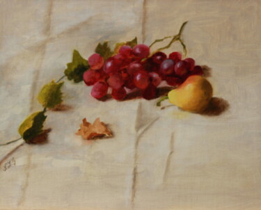 Painting titled "Pear and Grapes" by Nicole Le Gall, Original Artwork, Oil Mounted on Wood Panel