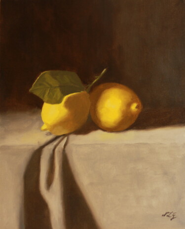 Painting titled "Two Lemons" by Nicole Le Gall, Original Artwork, Oil Mounted on Other rigid panel