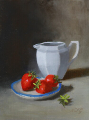 Painting titled "Strawberries and Cr…" by Nicole Le Gall, Original Artwork, Oil Mounted on Wood Panel