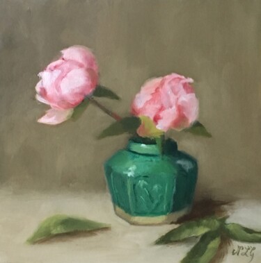 Painting titled "Two Peonies" by Nicole Le Gall, Original Artwork, Oil Mounted on artwork_cat.