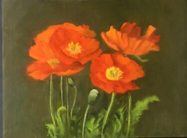 Painting titled "Red Poppies" by Nicole Le Gall, Original Artwork, Oil Mounted on Wood Panel