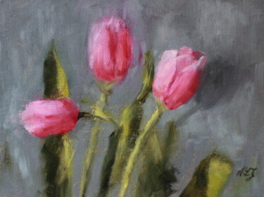 Painting titled "Three Tulips" by Nicole Le Gall, Original Artwork, Oil