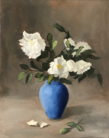 Peinture intitulée "Roses et vase Bleu" par Nicole Le Gall, Œuvre d'art originale, Huile Monté sur Autre panneau rigide