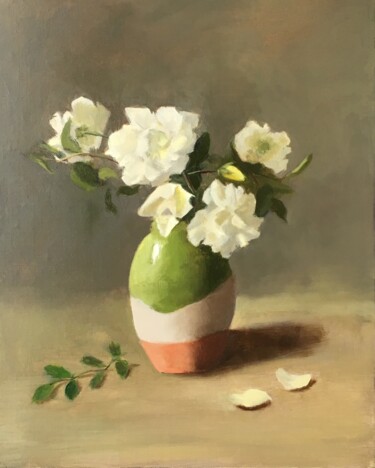 Pintura titulada "Roses et vase vert…" por Nicole Le Gall, Obra de arte original, Oleo