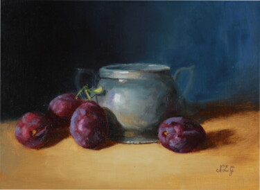 Painting titled "Prunes et Sucrier" by Nicole Le Gall, Original Artwork, Oil Mounted on Other rigid panel