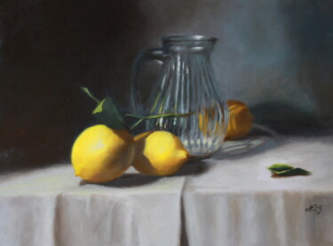 Schilderij getiteld "Lemons and Glass Jug" door Nicole Le Gall, Origineel Kunstwerk, Olie