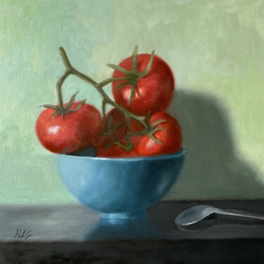 Картина под названием "Blue Bowl and Tomat…" - Nicole Le Gall, Подлинное произведение искусства, Масло