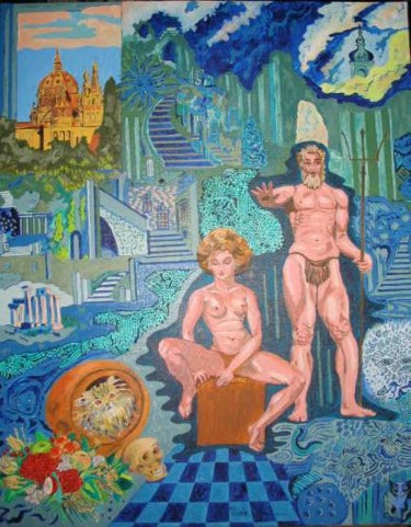 Painting titled "neptune-et-la-nymphe" by Nicole Lubrano-Lavadera, Original Artwork, Oil