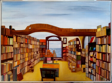 Painting titled "la bibliothèque de…" by Nicole Pèpe Gaumier, Original Artwork, Oil Mounted on Wood Stretcher frame