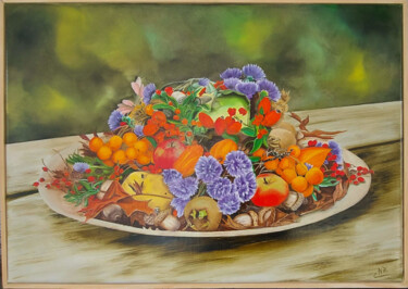 Painting titled "Assiette de fruits…" by Nicole Pèpe Gaumier, Original Artwork, Oil Mounted on Wood Stretcher frame