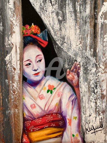 Painting titled "Japonaise" by Nicole Reynaud, Original Artwork, Oil Mounted on Wood Stretcher frame