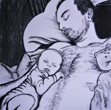 Drawing titled "Père et fils" by Nicole Severini (SEVE), Original Artwork, Charcoal