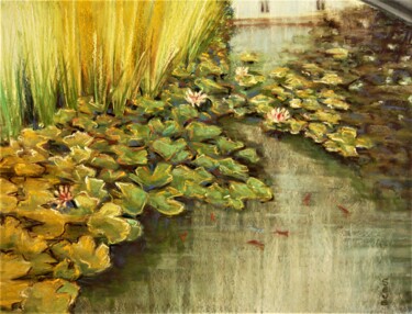 Dibujo titulada "Le bassin aux nénup…" por Nicole Severini (SEVE), Obra de arte original, Pastel Montado en Panel de madera