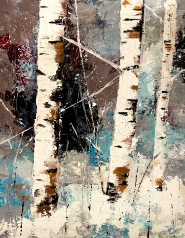 Painting titled "Winter Birches" by Nicole Simmons, Original Artwork, Acrylic