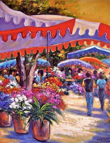 Painting titled "Marché fleuri" by Nicole Benoit, Original Artwork, Oil