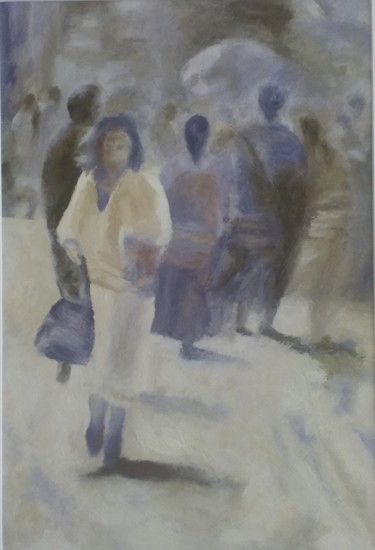 Painting titled "Sur la place" by Nicole Serres, Original Artwork, Oil